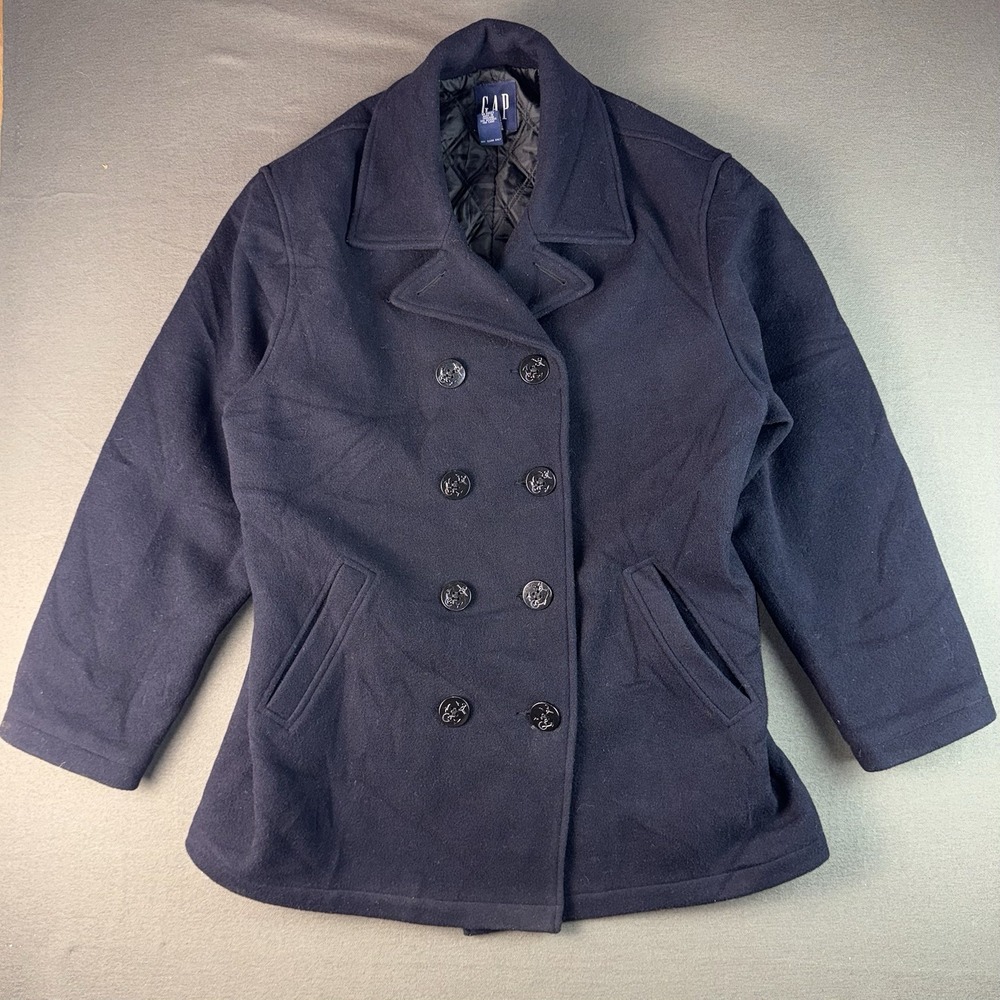Vintage GAP Double Breasted Peacoat Mens Large Navy Wool Blend Nautical Anchors